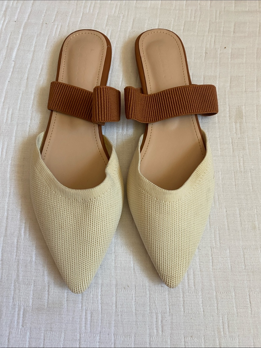 CUCCOO Pointed Knit Slide Mules in Cream and Brown